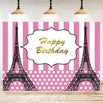 Fotografie Pozadí Parížskej Eiffelovej Veže Sladké Ružové Pruhy Dievča Happy Birthday Party Dekor Plagát Pozadí Dodávky Banner