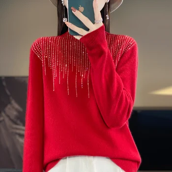Jeseň, zima a Nový Rok módne červené 100% merino vlna cashmere sveter O-krku dlhým rukávom pulóver top