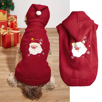 Vianočný stromček bielej kožušiny loptu s kapucňou sveter pre malé a stredné psy a mačky červená Santa Claus jeseň a v zime knitwear
