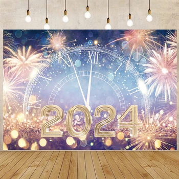 Šťastný Nový Rok 2024 Hodiny, Časovač Foto Pozadie Ohňostroj Svetla Bokeh Rodinnú Oslavu Pozadia Fotografie Vinyl
